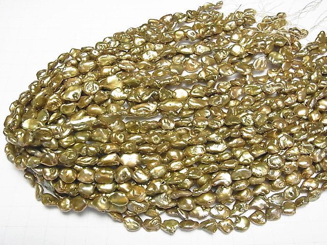 [Video] Fresh Water Pearl Keshi Pearl AA Baroque 9-17mm Olive Green 1strand beads (aprx.15inch/37cm)