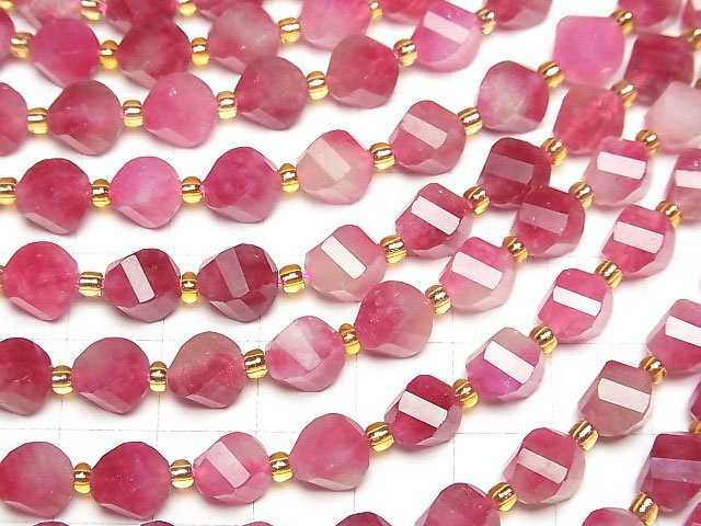 [Video]High Quality! Red Jade Twist x Multiple Facets 8x7x7mm 1strand beads (aprx.13inch/33cm)