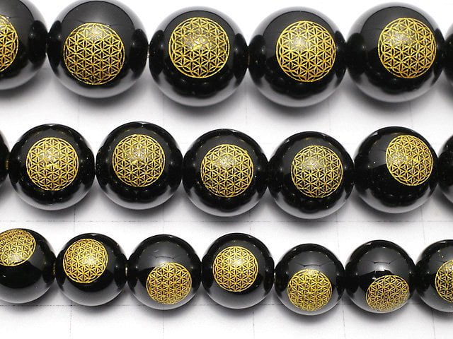 [Video] Gold! Flower of Life Carved! Onyx Round 8mm,10mm,12mm half or 1strand beads (aprx.14inch/35cm)