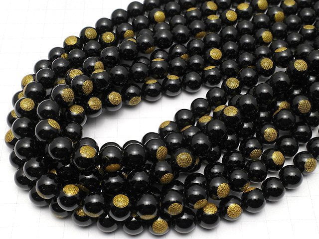 [Video] Gold! Flower of Life Carved! Onyx Round 8mm,10mm,12mm half or 1strand beads (aprx.14inch/35cm)