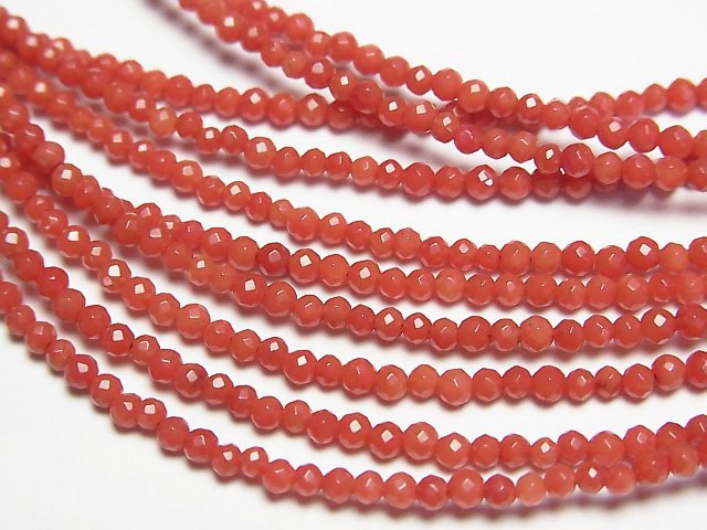 [Video]High Quality! Red Coral (Dyed) Faceted Round 2mm Necklace