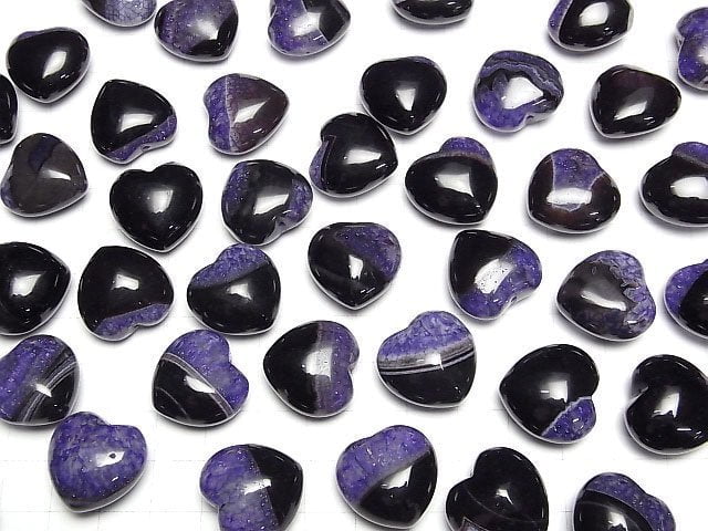 [Video] Black Agate x Purple Color Quartz Half Drilled Hole Heart 19x20mm 2pcs