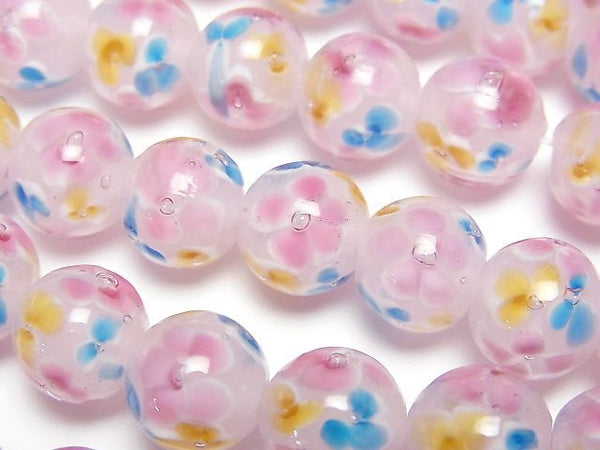 [Video] Lampwork Beads Round 10mm [Multicolor Flower x Pink] 1/4 or 1strand beads (aprx.15inch/36cm)