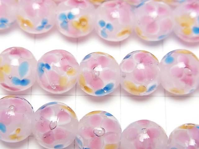 [Video] Lampwork Beads Round 10mm [Multicolor Flower x Pink] 1/4 or 1strand beads (aprx.15inch/36cm)