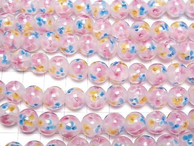 [Video] Lampwork Beads Round 10mm [Multicolor Flower x Pink] 1/4 or 1strand beads (aprx.15inch/36cm)