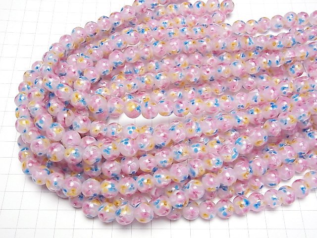 [Video] Lampwork Beads Round 10mm [Multicolor Flower x Pink] 1/4 or 1strand beads (aprx.15inch/36cm)