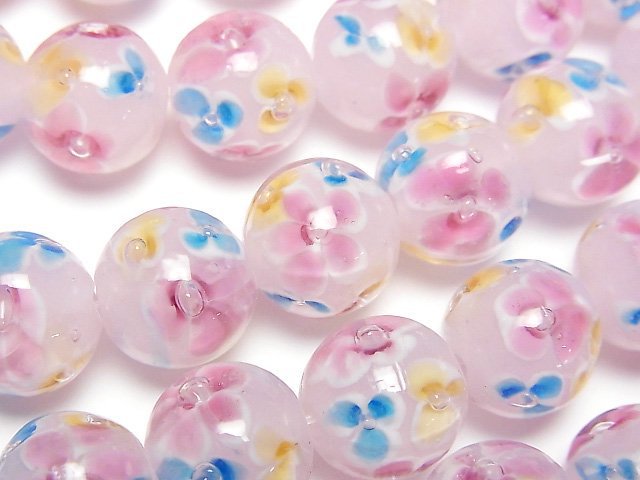 [Video] Lampwork Beads Round 12mm [Multicolor Flower x Pink] 1/4 or 1strand beads (aprx.13inch/32cm)