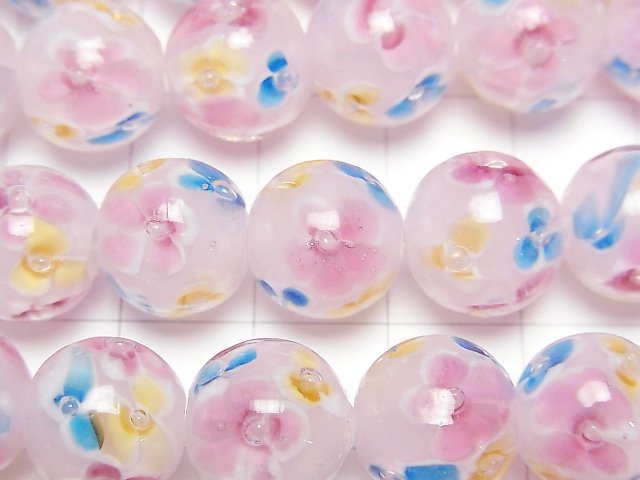 [Video] Lampwork Beads Round 12mm [Multicolor Flower x Pink] 1/4 or 1strand beads (aprx.13inch/32cm)