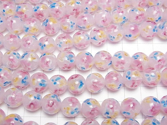 [Video] Lampwork Beads Round 12mm [Multicolor Flower x Pink] 1/4 or 1strand beads (aprx.13inch/32cm)