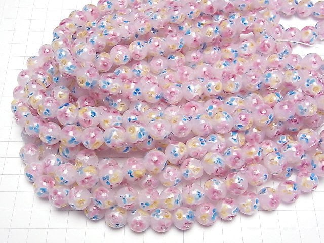 [Video] Lampwork Beads Round 12mm [Multicolor Flower x Pink] 1/4 or 1strand beads (aprx.13inch/32cm)