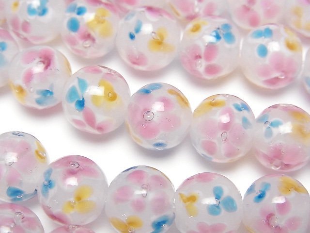 [Video] Lampwork Beads Round 10mm [Multicolor Flower x White] 1/4 or 1strand beads (aprx.15inch/36cm)