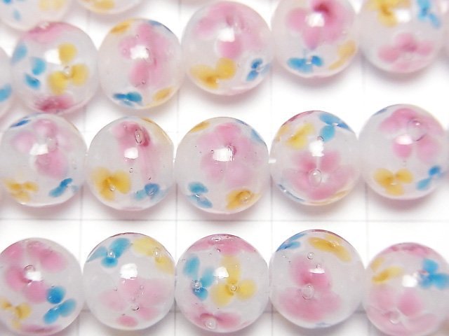 [Video] Lampwork Beads Round 10mm [Multicolor Flower x White] 1/4 or 1strand beads (aprx.15inch/36cm)