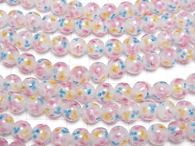 [Video] Lampwork Beads Round 10mm [Multicolor Flower x White] 1/4 or 1strand beads (aprx.15inch/36cm)