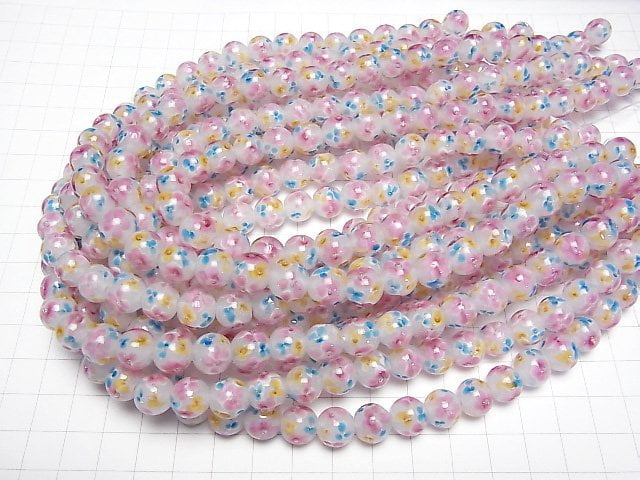 [Video] Lampwork Beads Round 10mm [Multicolor Flower x White] 1/4 or 1strand beads (aprx.15inch/36cm)