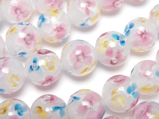 [Video] Lampwork Beads Round 12mm [Multicolor Flower x White] 1/4 or 1strand beads (aprx.13inch/32cm)