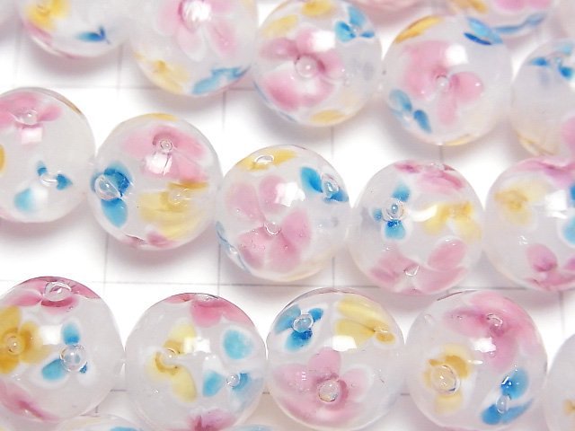 [Video] Lampwork Beads Round 12mm [Multicolor Flower x White] 1/4 or 1strand beads (aprx.13inch/32cm)