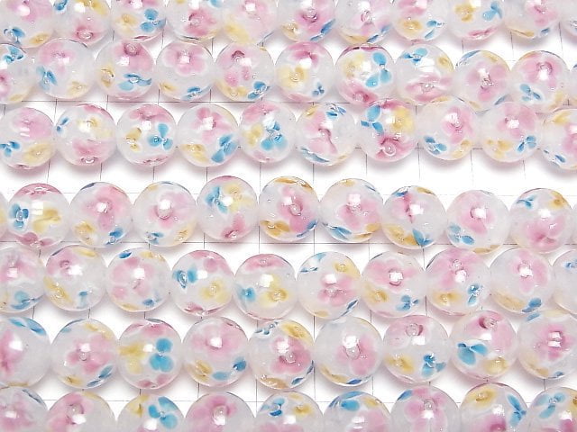 [Video] Lampwork Beads Round 12mm [Multicolor Flower x White] 1/4 or 1strand beads (aprx.13inch/32cm)