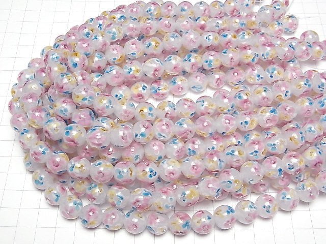 [Video] Lampwork Beads Round 12mm [Multicolor Flower x White] 1/4 or 1strand beads (aprx.13inch/32cm)