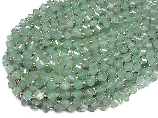 [Video]High Quality! Green Aventurine Twist x Multiple Facets 8x7x7mm 1strand beads (aprx.14inch/34cm)