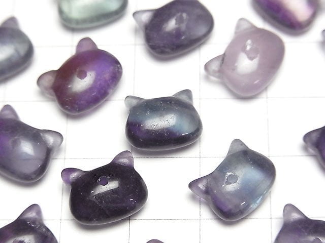 [Video] Multicolor Fluorite Cat Motif 10x12mm [Half Drilled Hole (Back)] 3pcs