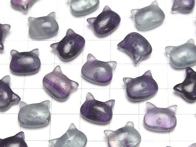 [Video] Multicolor Fluorite Cat Motif 10x12mm [Half Drilled Hole (Back)] 3pcs