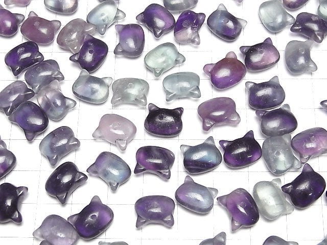 [Video] Multicolor Fluorite Cat Motif 10x12mm [Half Drilled Hole (Back)] 3pcs