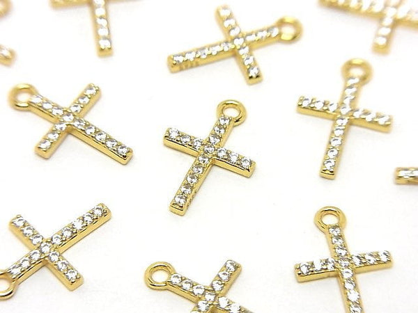 Silver925 Cross 13.5x8.5x1.5mm Charm (with CZ) [18KGP] 1pc