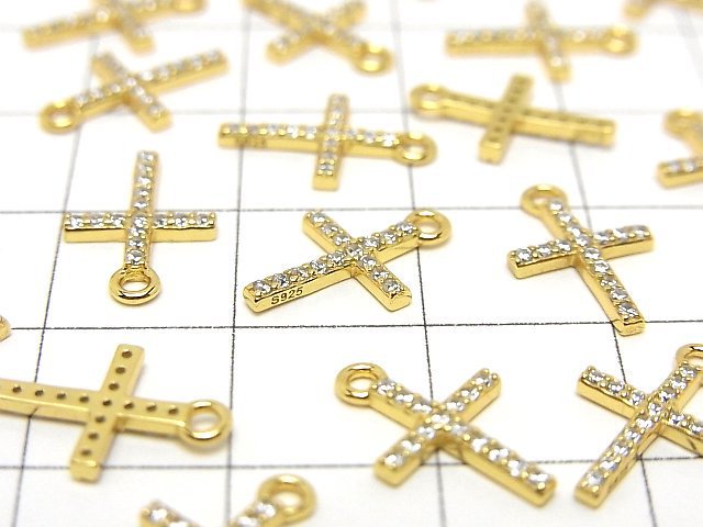 Silver925 Cross 13.5x8.5x1.5mm Charm (with CZ) [18KGP] 1pc