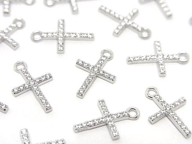 Silver 925 Cross Charm 13.5x8.5x1.5mm (with CZ) [Rhodium Plated] 1pc