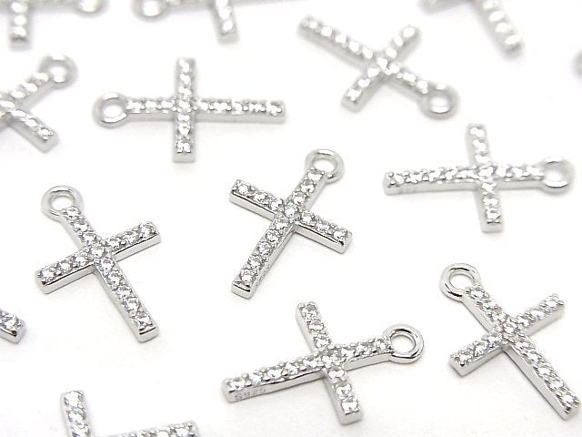 Silver925 Cross 13.5x8.5x1.5mm Charm (with CZ) [Rhodium Plated] 1pc