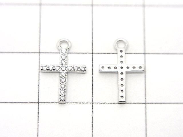Silver 925 Cross Charm 13.5x8.5x1.5mm (with CZ) [Rhodium Plated] 1pc