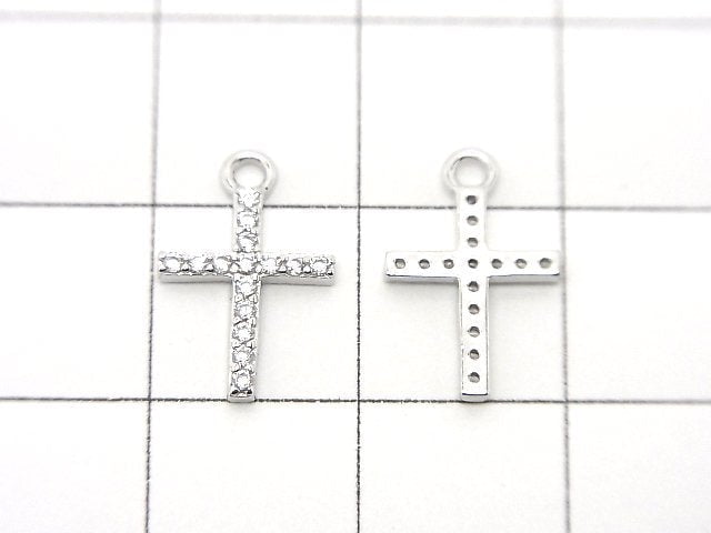 Silver925 Cross 13.5x8.5x1.5mm Charm (with CZ) [Rhodium Plated] 1pc