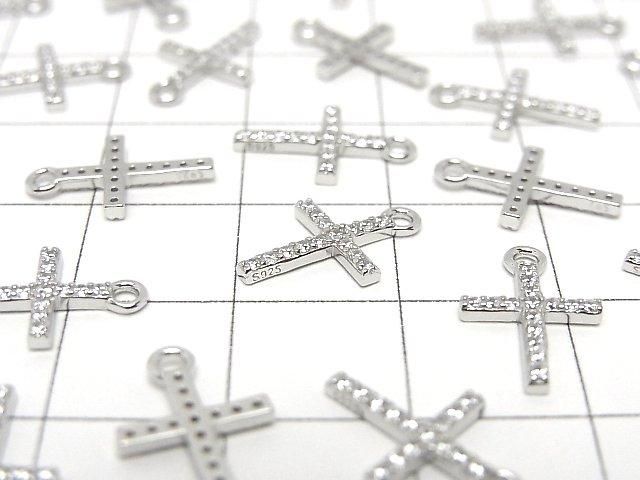 Silver 925 Cross Charm 13.5x8.5x1.5mm (with CZ) [Rhodium Plated] 1pc