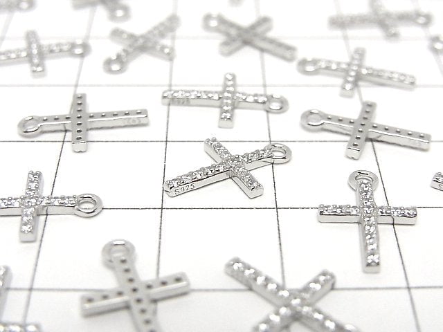 Silver925 Cross 13.5x8.5x1.5mm Charm (with CZ) [Rhodium Plated] 1pc