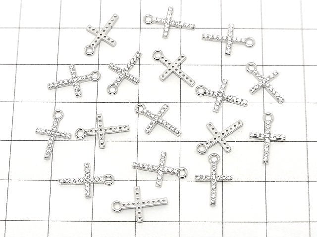 Silver925 Cross 13.5x8.5x1.5mm Charm (with CZ) [Rhodium Plated] 1pc