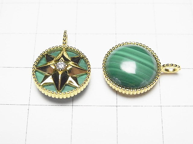 [Video]Malachite AAA Round Charm 14x14mm 18KGP 1pc