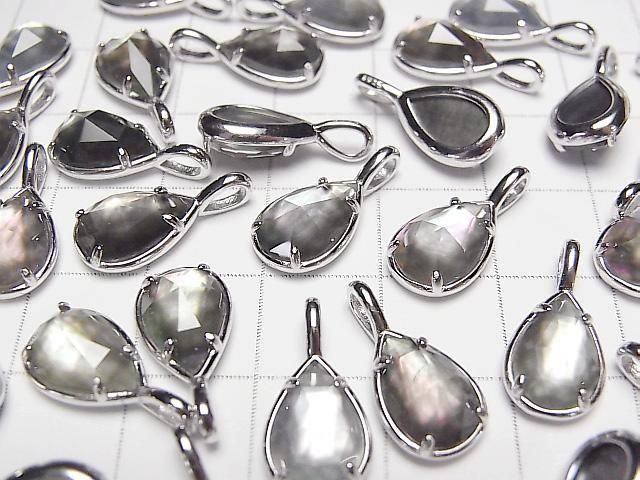 Black Shell x Crystal AAA Bezel Setting Faceted Pear Shape 12x8mm Silver925 1pc
