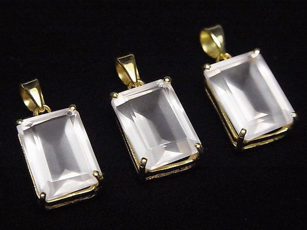 [Video]High Quality Rose Quartz AAA Rectangle Faceted Pendant 14x10mm 18KGP