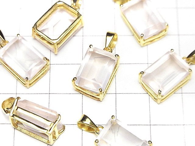 [Video]High Quality Rose Quartz AAA Rectangle Faceted Pendant 14x10mm 18KGP