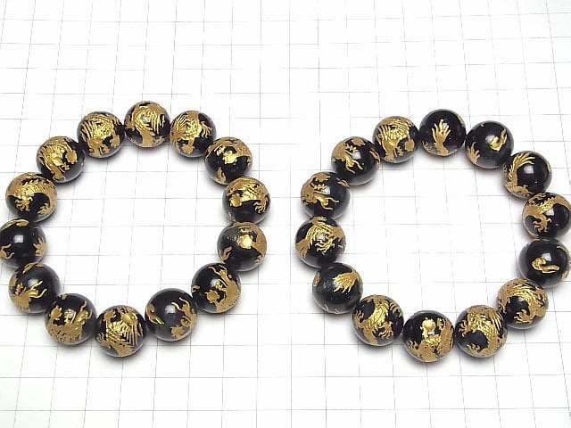 [Video] Gold! Dragon (Four Divine Beasts) Carved! Blue Tiger's Eye Round 16mm Half-strand/Bracelet