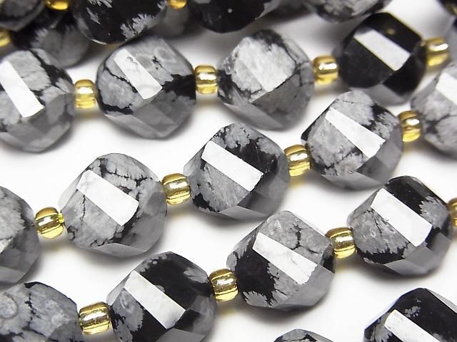 [Video]High Quality! Snowflake Obsidian Twist x Multiple Facets 10x8x8mm 1strand beads (aprx.15inch/36cm)