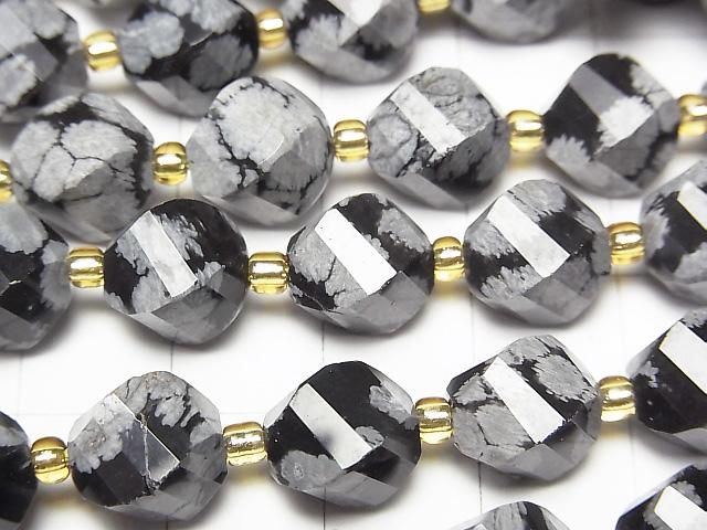 [Video]High Quality! Snowflake Obsidian Twist x Multiple Facets 10x8x8mm 1strand beads (aprx.15inch/36cm)