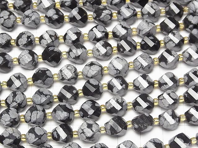 [Video]High Quality! Snowflake Obsidian Twist x Multiple Facets 10x8x8mm 1strand beads (aprx.15inch/36cm)