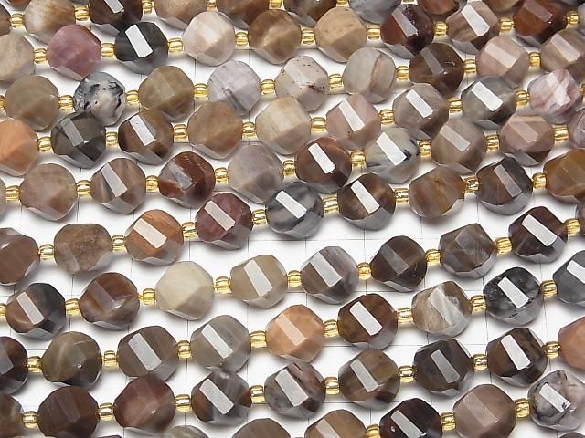 [Video]High Quality! Petrified Wood Twist x Multiple Facets 10x9x9mm 1strand beads (aprx.15inch/36cm)