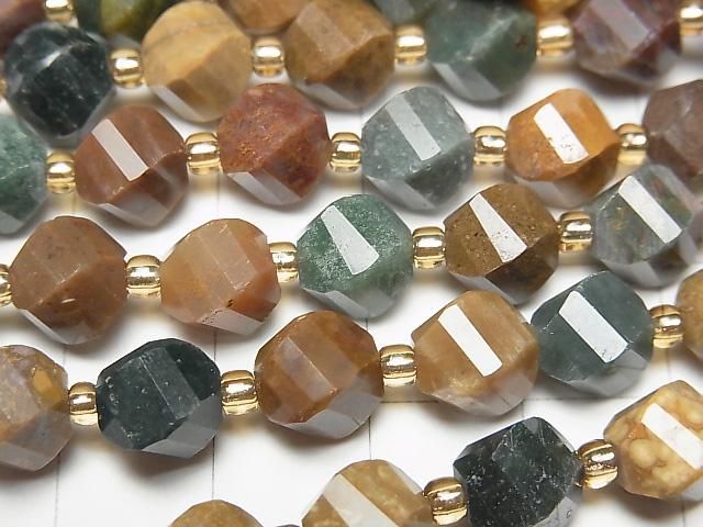 [Video]High Quality! Ocean Jasper Twist x Multiple Facets 8x7x7mm 1strand beads (aprx.15inch/36cm)