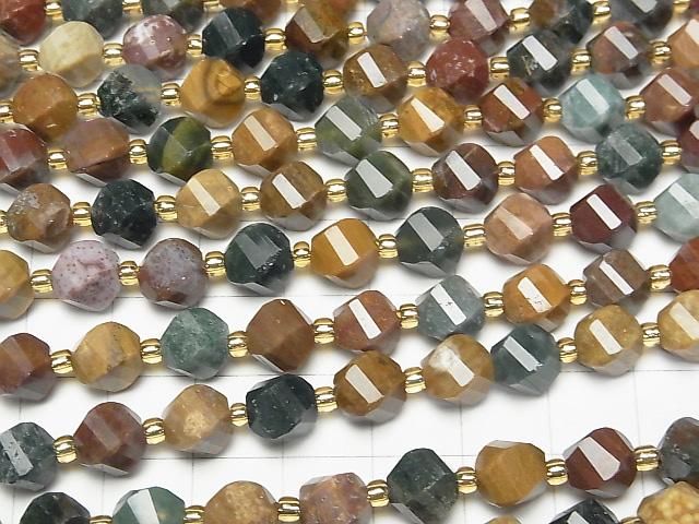 [Video]High Quality! Ocean Jasper Twist x Multiple Facets 8x7x7mm 1strand beads (aprx.15inch/36cm)
