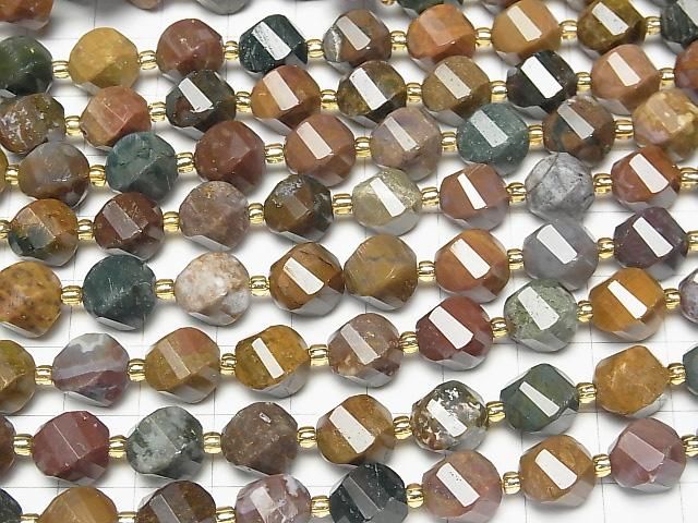 [Video]High Quality! Ocean Jasper Twist x Multiple Facets 10x9x9mm 1strand beads (aprx.15inch/36cm)