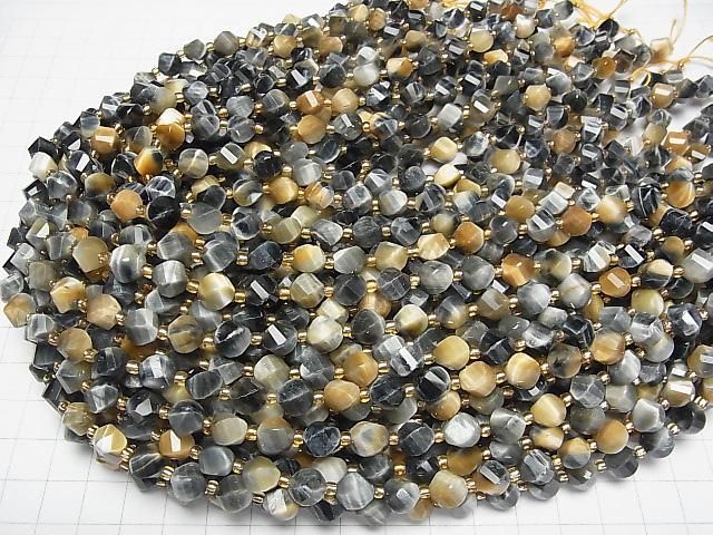 [Video]High Quality! Silver Blue & Golden Tiger's Eye AA+ Twist x Multiple Facets 8x7x7mm half or 1strand beads (aprx.15inch/36cm)