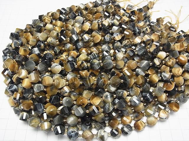 [Video]High Quality! Silver Blue & Golden Tiger's Eye AA+ Twist x Multiple Facets 10x9x9mm half or 1strand beads (aprx.15inch/36cm)