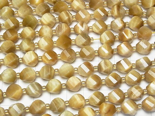 [Video]High Quality! Golden Tiger's Eye AA++ Twist x Multiple Facets 10x8x8mm half or 1strand beads (aprx.15inch/36cm)